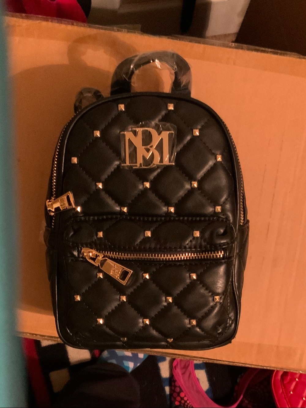 Badgley Mischka Black Quilted Mini Backpack with Gold Accents